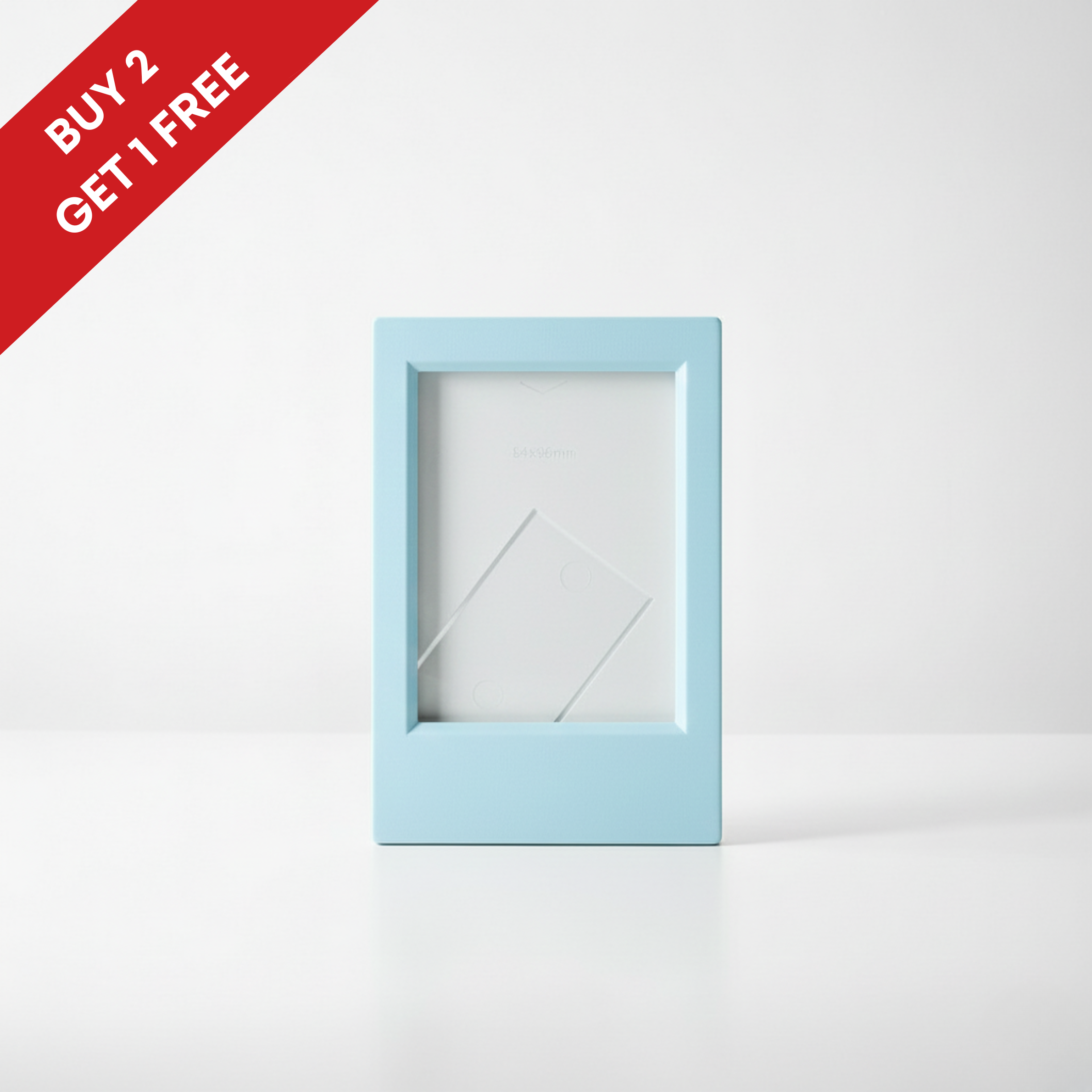 Light blue picture frame on a white background with a red discount buy 2 get 1 banner.