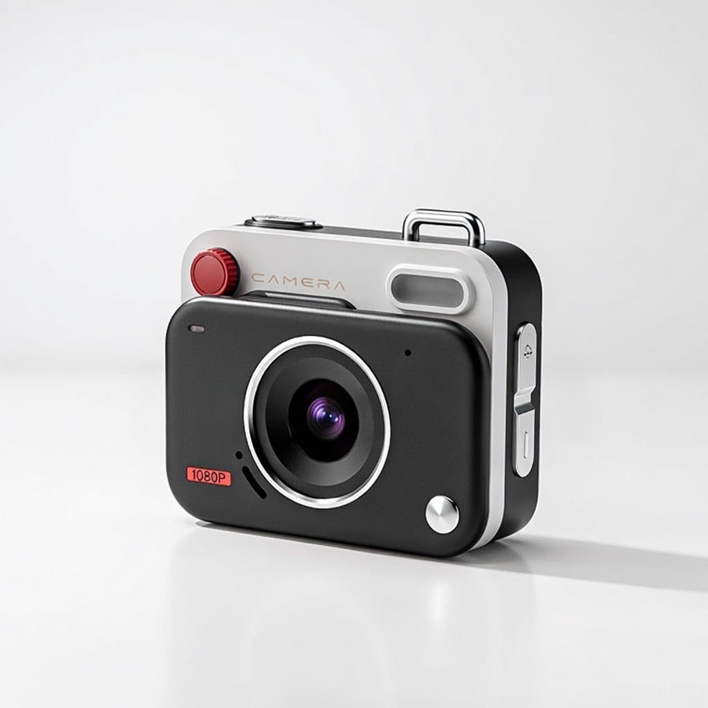 mini retro camera with a red button on a white background