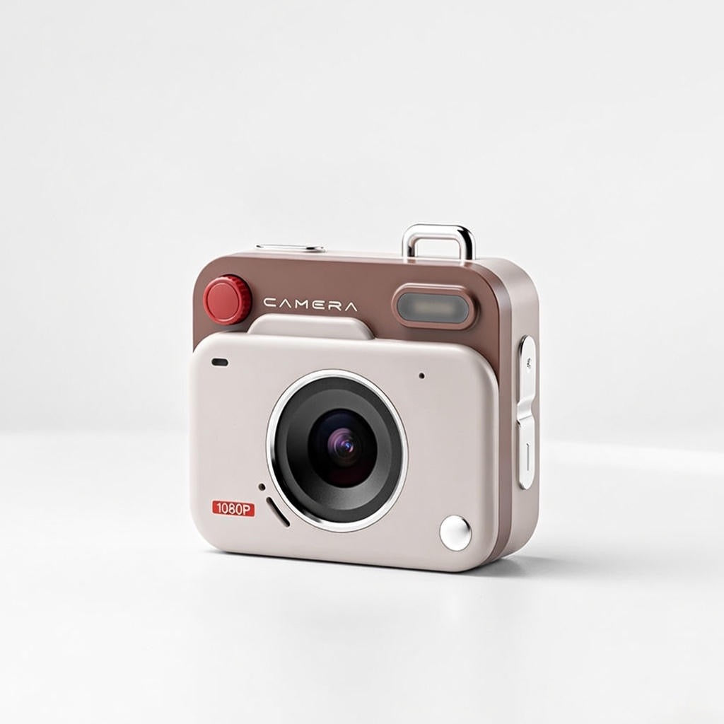 mini retro camera with a white front and brown back on a light gray background