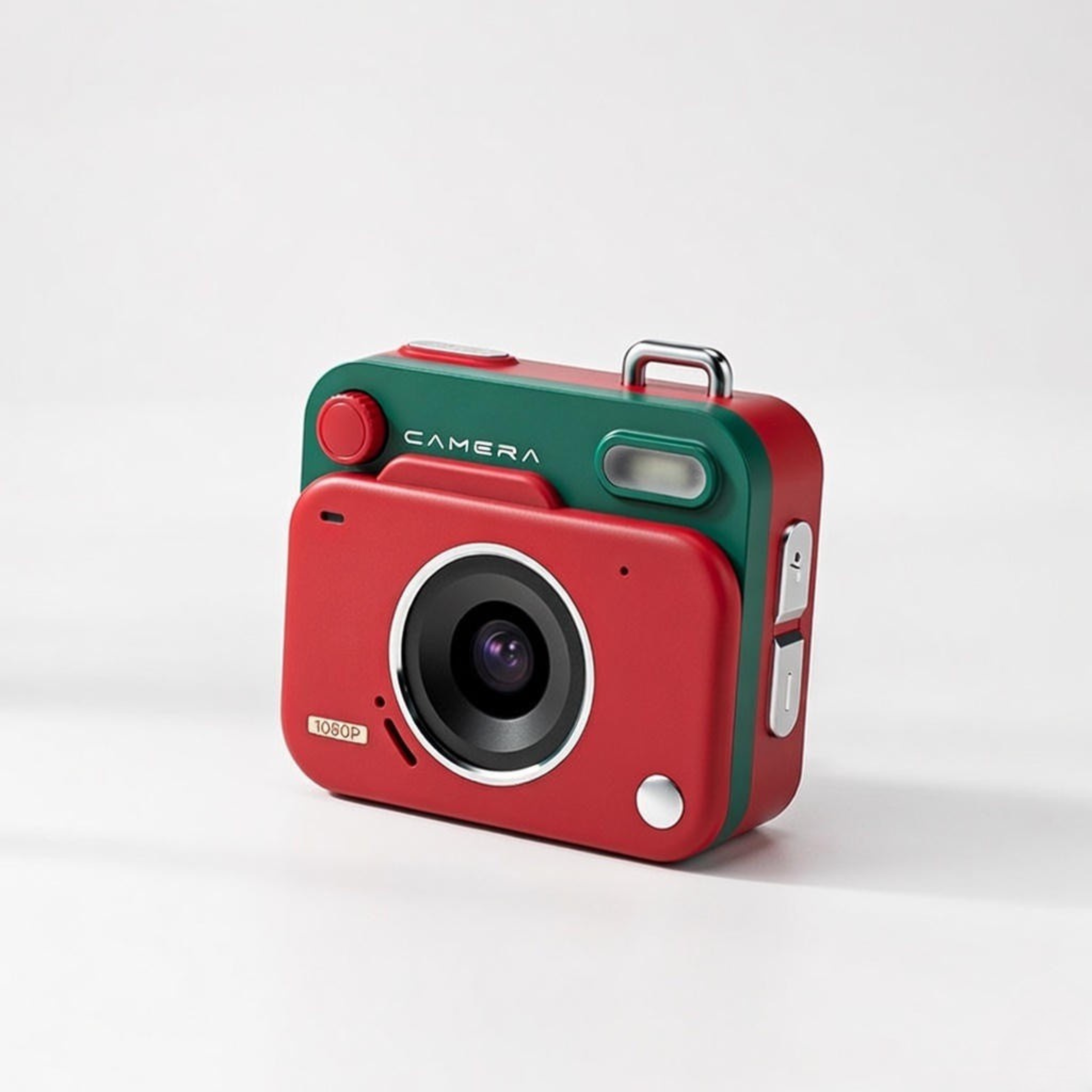 Red and green mini retro camera on a white background