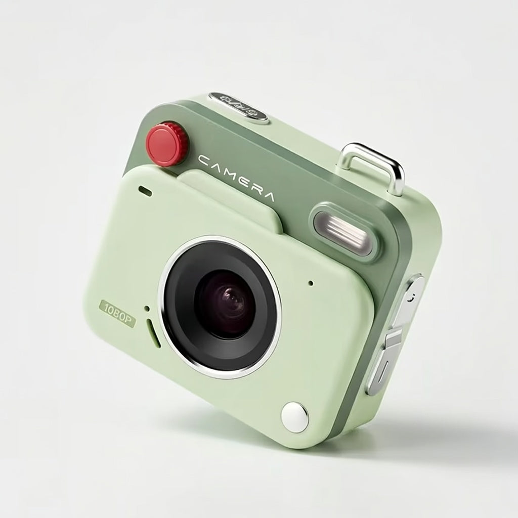 Light green camera with a red button on a white background