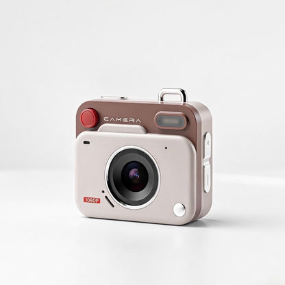 mini retro camera with a white front and brown back on a light gray background