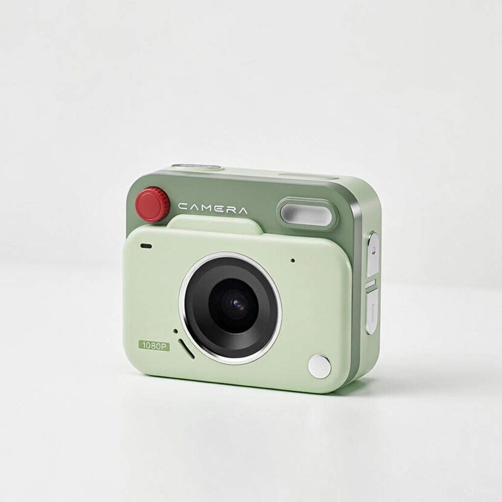Light green retro camera with a red shutter button on a white background